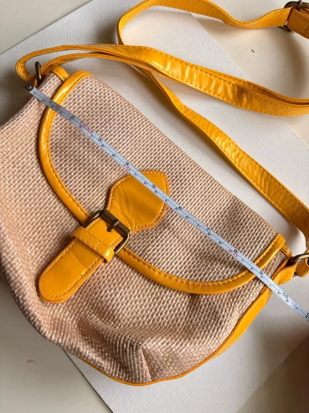 Xhilaration Beige Woven Crossbody with Yellow Trim